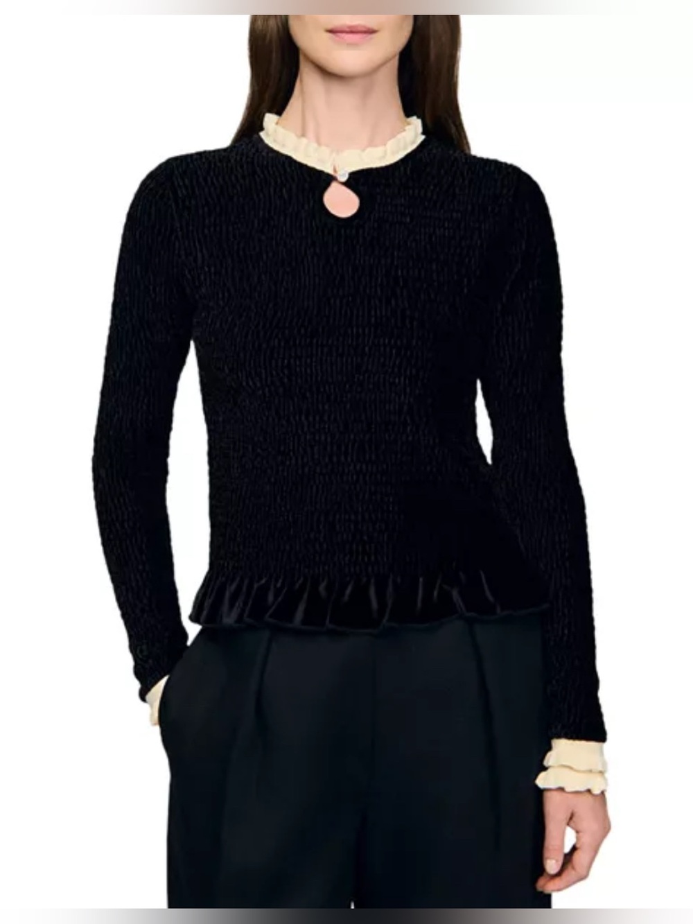 Sandro Eugenie Smocked Velvet Top